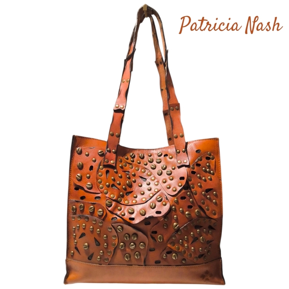 Patricia Nash Studded Link Perforated Toscano Tote Bag in Cognac Brown EUC - Picture 1 of 16